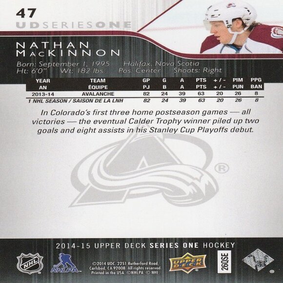 Nathan MacKinnon (Colorado Avalanche) 2014/2015 Upper Deck Series 1 Hockey Card - Picture 2 of 2